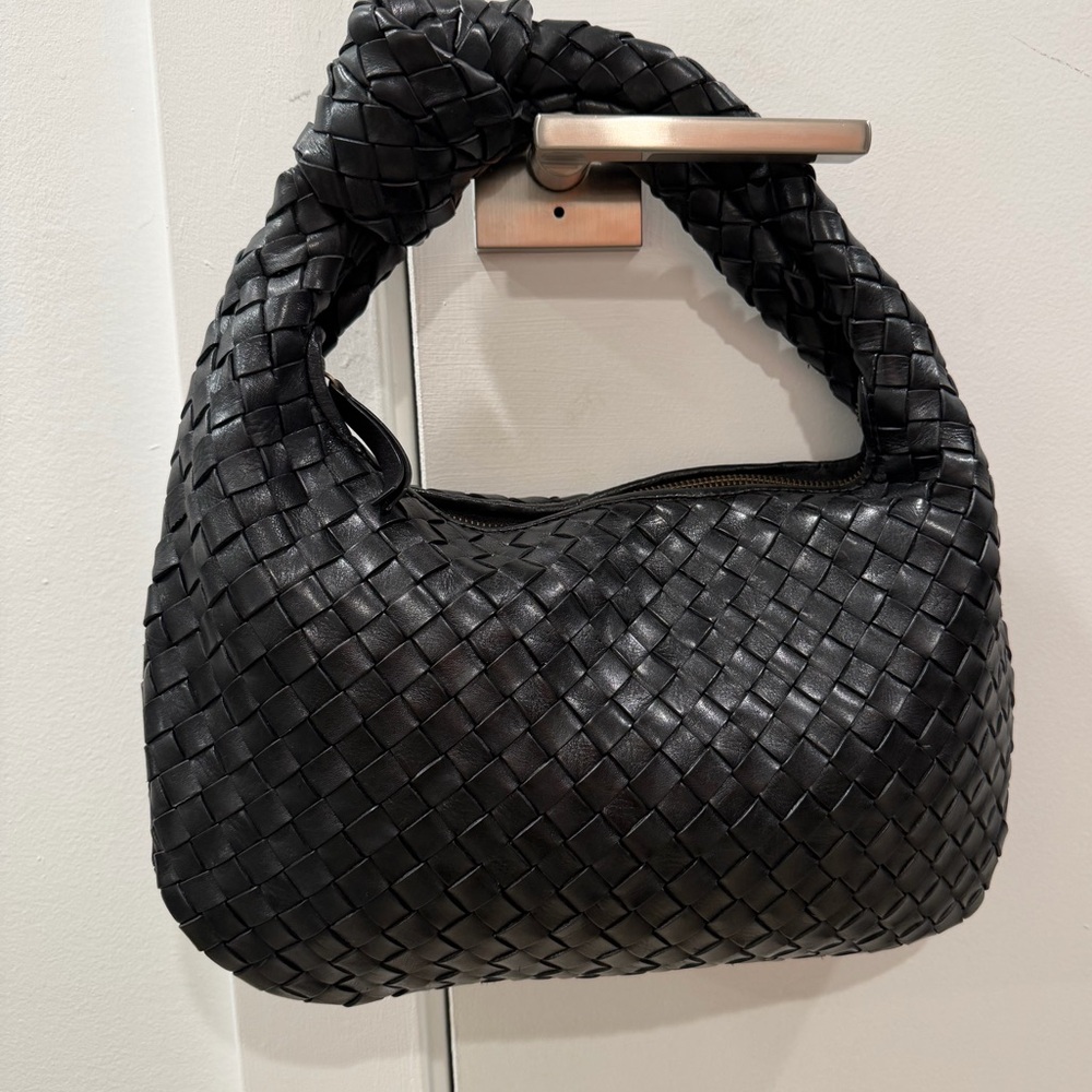 Black Genuine Leather Intrecciato Handwoven Jodie Shoulder Handbag